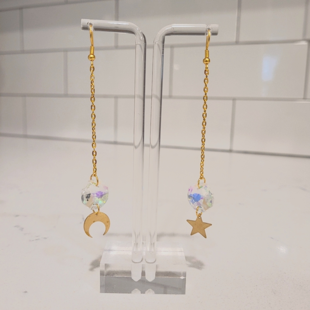 gold star and moon earrings with gem stones